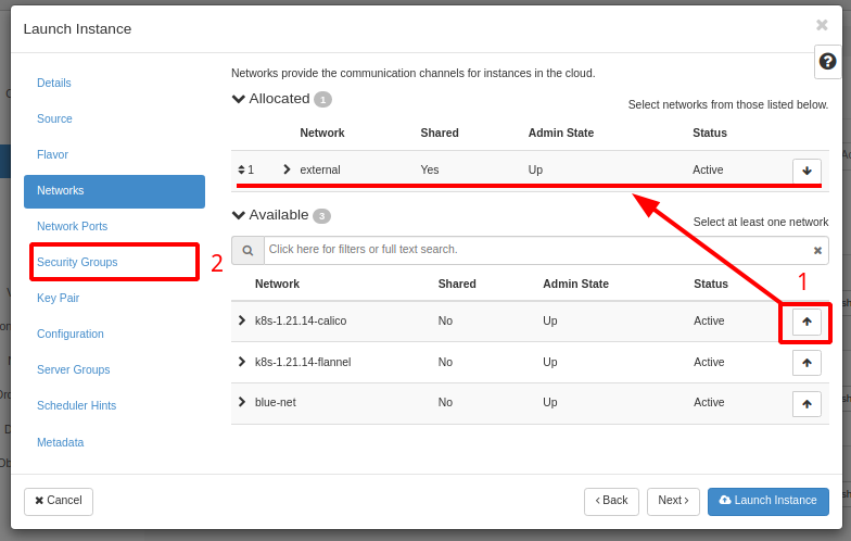 NNumbers Cloud console, Compute instances: then we associate a Security Group
