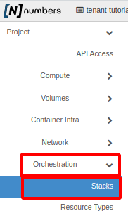 NNumbers Cloud console, Orchestration: in the left menu, click Orchestration -> Stacks