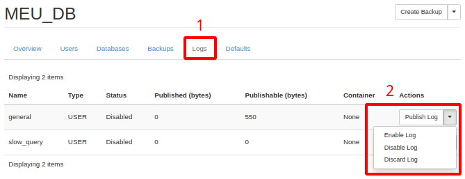 NNumbers Cloud console, Databases: inside the instance, in the top menu click Logs