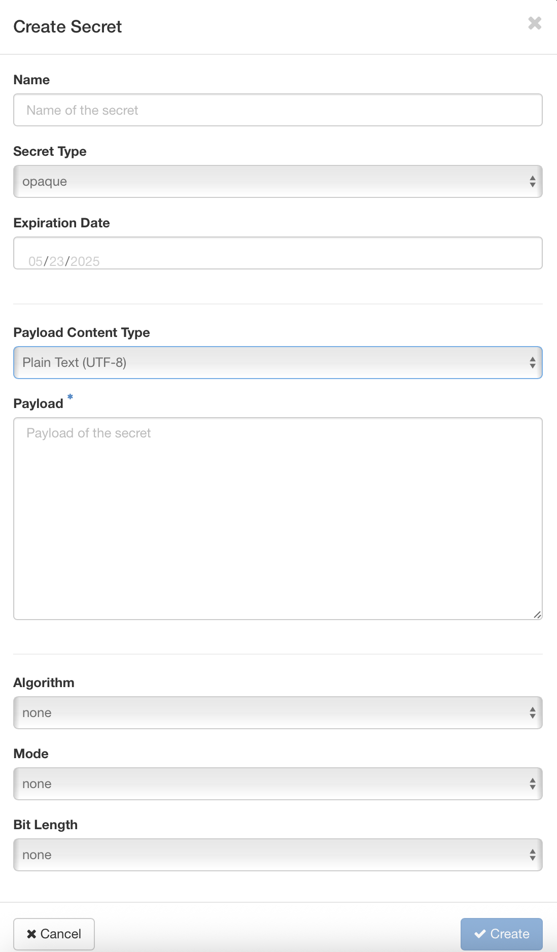 Create Secret form, step 2: secret content and format