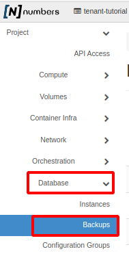 NNumbers Cloud console, Databases: in the left menu, click Databases -> Backups