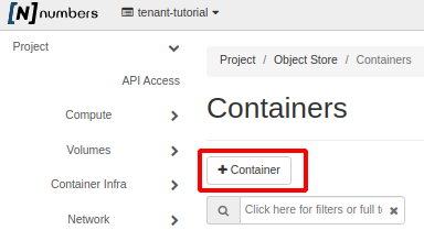 NNumbers Cloud console, Object Store: on the next page, click + Container