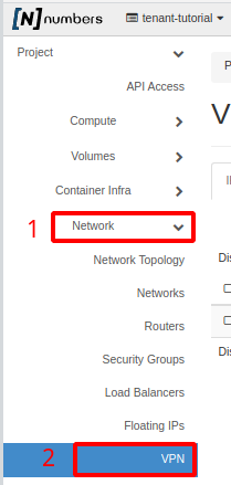 NNumbers Cloud console, Site-to-site VPN: in the left menu, click Network and then VPN