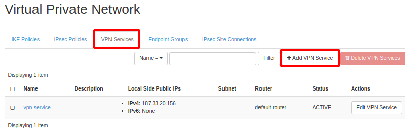 NNumbers Cloud console, Site-to-site VPN: in the top menu click VPN Services and then click