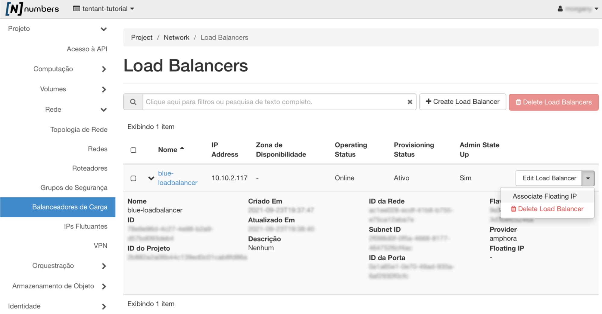 NNumbers Cloud console, Load balancers: under Project -> Network -> Load Balancers, click the button