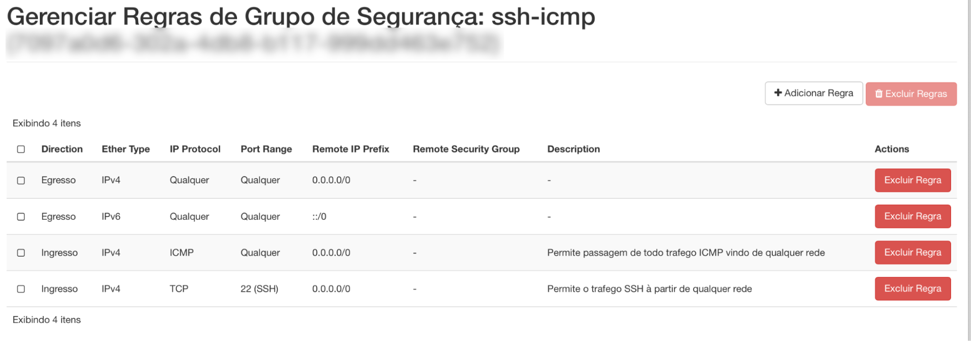 NNumbers Cloud console, Security groups: by default, every new security group includes