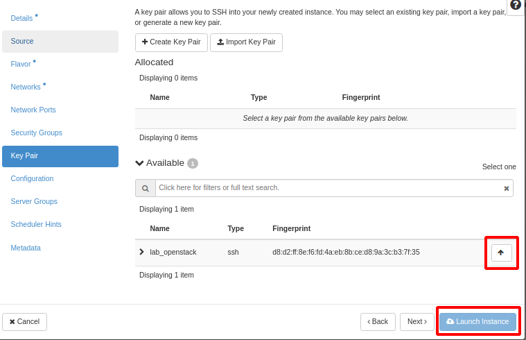 NNumbers Cloud console, Volumes: under Key Pair, select the connection key used before (or