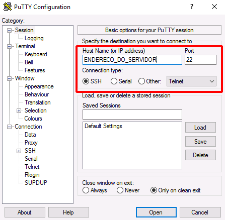 NNumbers Cloud console, SSH access: open PuTTY and enter the server address or IP