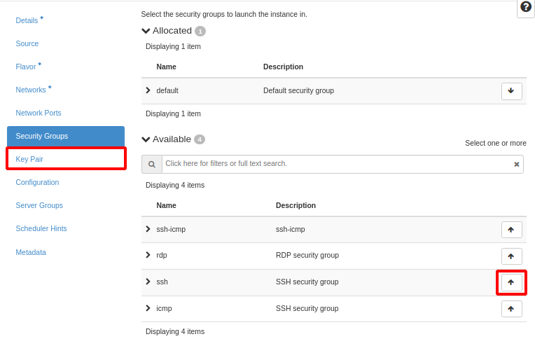 NNumbers Cloud console, Volumes: under Security Groups, select the group used before by clicking 🔼