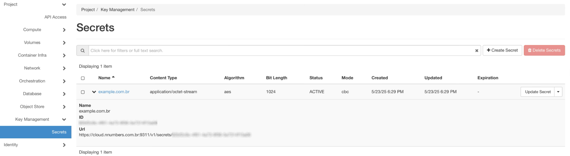 NNumbers Cloud console, Secrets in the KMS: in the administrative console, go to Secrets under Key Management