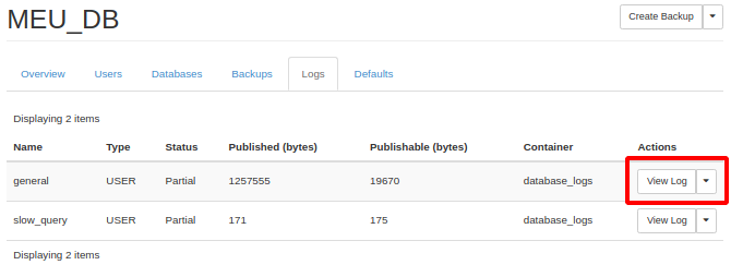 NNumbers Cloud console, Databases: once the logs are enabled, you can read them through View