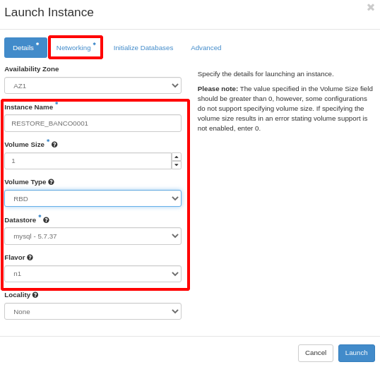 NNumbers Cloud console, Databases: a new window opens where you fill in some