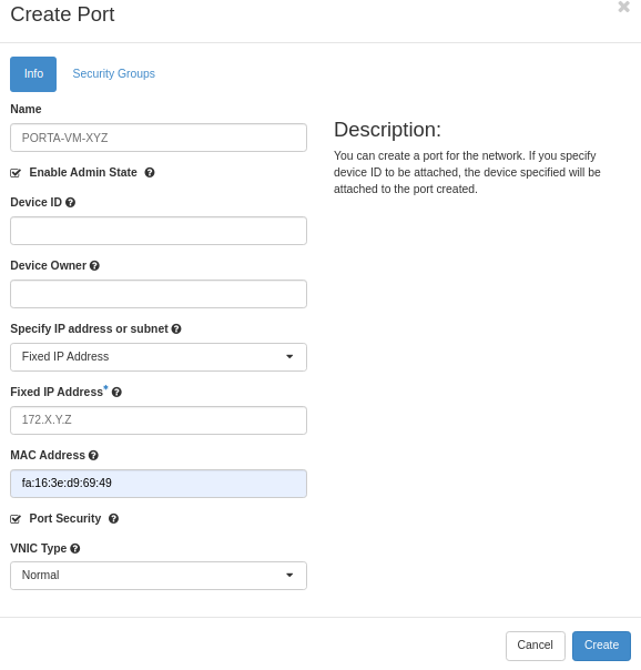 NNumbers Cloud console, Networks: Create Port lets you create a network port to be used