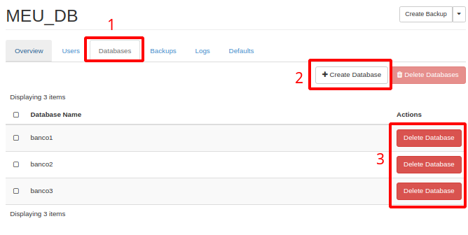 NNumbers Cloud console, Databases: inside the instance, in the top menu click Databases