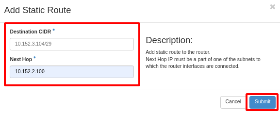 Add Static Route form filled in, with Destination CIDR and Next Hop