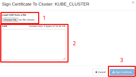 NNumbers Cloud console, Container Infra (Kubernetes): once the certificate is loaded, at the bottom click