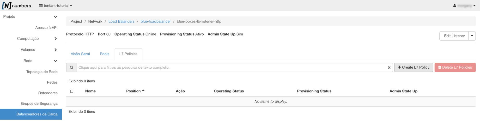 NNumbers Cloud console, Load balancers: select the L7 Policies tab, click Create