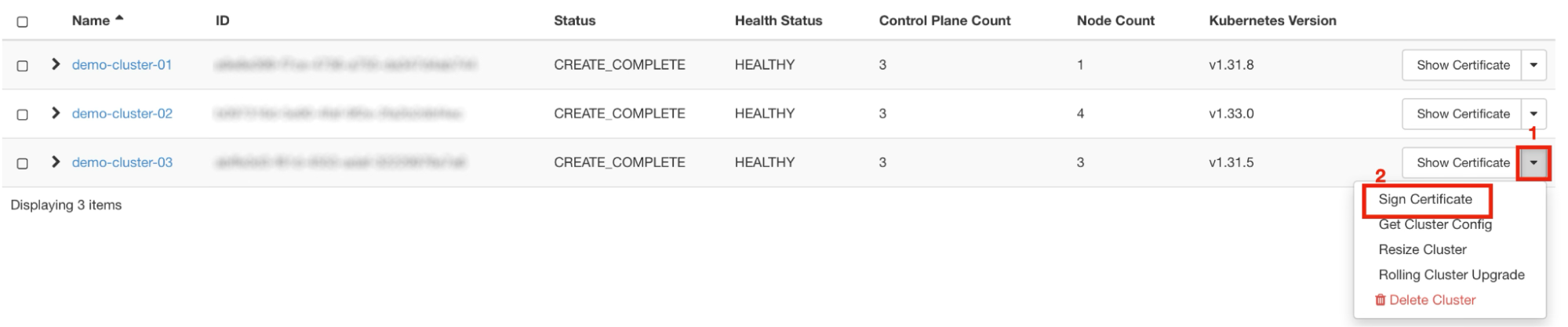 NNumbers Cloud console, Container Infra (Kubernetes): in the menu, click "Sign Certificate" (2)