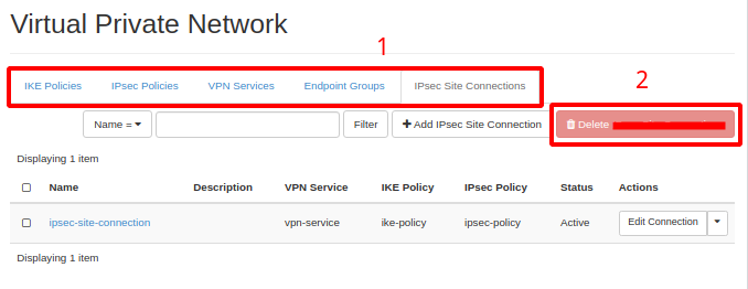 NNumbers Cloud console, Site-to-site VPN: the next page lists the VPNs added previously
