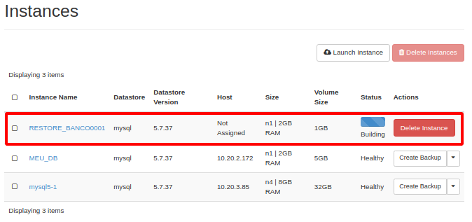 NNumbers Cloud console, Databases: after clicking Launch, the database list appears